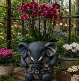 Resim Elephant Planter Vase, Decorative Flower Pot, Polyester Elephant Sculpture, Animal Decor - Object-6 