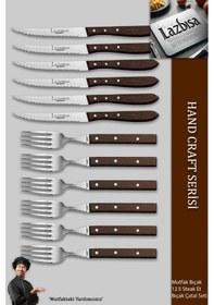 Resim Lazbisa Mtf-062 Hand Craft Serisi Steak Et Yemek Kahvaltı Bıçağı Çatalı 12 Li Set Mutfak Bıçak Seti Ahşap 
