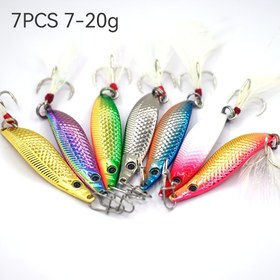 Resim 7 adet 7g 10g 15g 20g Yapay Metal Kaşık Balıkçılık Yemi S-şekilli Jigging Yem Alabalık Batan Yemler Derin Deniz için 3D Yem Gözleri Üçlü Kanca Uzun Atış Spinner Payetler 