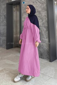 Resim lamelif Balon Kol Bağlamalı Tesettür Elbise Pembe 