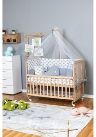 Resim Ahşap Beşik Anne Yanı Beşik Organik 60x120 - Gri Balina Uyku Seti + Yataklı + Tekerlekli Ahşap 