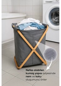 Resim Kapaklı Çamaşır Sepeti Ahşap Çapraz Ayaklı Kumaş Sepet Diğer 