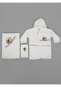 Resim %100 Pamuk Bebek Çocuk Bornoz Havlu Takımı Set Krem 