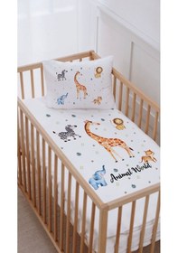 Resim %100 Pamuk Anne Yanı Beşik Nevresim Takımı 60x100 Hayvanlar Alemi 