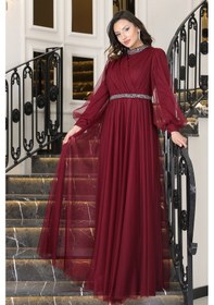 Resim Raika Moda Senna Taş Detaylı Büyük Beden Şık Tesettür Abiye Bordo 