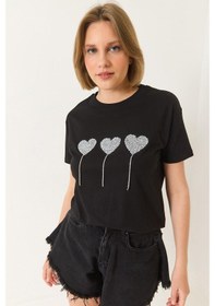 Resim Shade Kadın Taşlı Kalp Detaylı Kısa Kollu Pamuklu T-shirt 60602038 - Siyah 