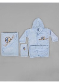 Resim %100 Pamuk Bebek Çocuk Bornoz Havlu Takımı Set Mavi 