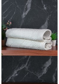 Resim Ayak İzi Desenli 2li Ayak Havlusu - 50x70 Cm - Su Emici Banyo Paspası Seti - Beyaz Beyaz 