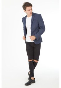 Resim Sposo 5121Dar Kalıp Örme Kumaş İndigo Erkek Blazer Ceket İndigo 