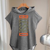 Resim Kadınlar için Rahat Kapüşonlu Tank Üstü, Cesur "BENİMİZE KADİR" Harf Baskısı, Gri, Kısa Kollu, Yarasa Tasarımı, Hafif Polyester Karışımı, Bahar/Yaz için Mükemmel 
