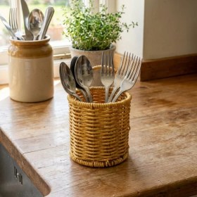 Resim Hsc Bilişim Z&k Market® Yuvarlak Hasır Dokulu Plastik Rattan Kaşıklık & Çatallık – Askılı Kendiliğinden Tutmalı 