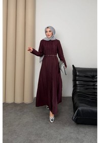 Resim Mihran Butik Quenn Model Coupra Model Kumaş Kemer Detaylı Elbise Bordo 