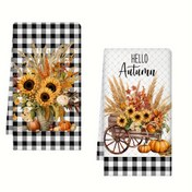 Resim 2'li Set Ekstra Büyük Sonbahar Mutfak Havluları - Ağır Hizmet Tipi Emici Bezler, Ayçiçeği, Kabak, İktil ve Gingham Kare Desenli Şık Dekoratif Fall Süslemeleri ile Sıcak Turuncu, Kahverengi, Bej Renklerde Makinede Yıkanabilir Mikrofiber Şükran Günü Çiftlik Evi Veya Her Günlük Kullanım İçin Rustik Kontrollu Tabak Havluları & El Havluları İçin Mutfaq Ve Hamam - 69.85x44.96 cm Ülke Tarzı Çiçek Tasarımı, Çinoiserie Mutfak Havluları, Komik Tehane Peştemal 