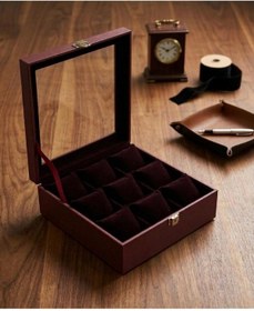Resim Premium 9 Yuvalı Deri Kaplama Cam Kapaklı Şık Tasarım Saat Saklama Kutusu Ebat 23x25 Cm Bordo 