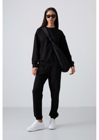 Resim Tommy Life Siyah Basic Pamuklu O Yaka Oversize Lastik Paça Kadın Eşofman Takım - 95287 Siyah 