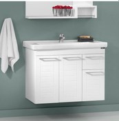 Resim Orka Perge 85 Cm Beyaz Banyo Dolabı Alt Modül Ve Lavabo Beyaz 
