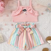 Resim 2'li Sevimli Yazlık Kıyafet Bebek Kızlar için - Pembe Volan Tank Top & Gökkuşağı Şeritli Şort, Polyester, Kolsuz, Rahat Giyim, Bahar/Yaz Giyimi | Eğlenceli Tasarım | Esnek Kumaş, Bebek Kız Kıyafetleri, Dış Mekan İçin 