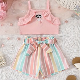 Resim 2'li Sevimli Yazlık Kıyafet Bebek Kızlar için - Pembe Volan Tank Top & Gökkuşağı Şeritli Şort, Polyester, Kolsuz, Rahat Giyim, Bahar/Yaz Giyimi | Eğlenceli Tasarım | Esnek Kumaş, Bebek Kız Kıyafetleri, Dış Mekan İçin 