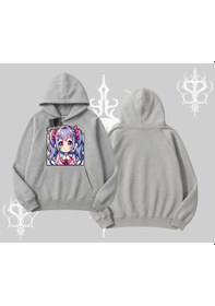 Resim Kapşonlu Sweatshirt Hello Anime Kız Sevimli Karakter Baskılı Gri 