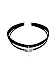 Resim Gümüş Renk Yusufcuk Siyah Kadife -süet Kadın Choker Tasma Kolye Fuşya 