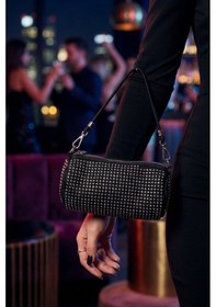 Resim Vellabags Siyah Parlak Taş İşlemeli Mini Çanta Şık Abiye Omuz Çantası Siyah - Gümüş 