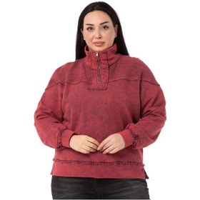 Resim Büyük Beden Pis Dikişli Fermuarlı Yırtmaçlı Parça Boyalı Bordo Sweatshirt-bordo Bordo 