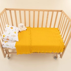 Resim Bebek Nevresim Seti (Dört Katlı Muslin Battaniye , Yastık Kılıfı , Lastikli Çarşaf) - Hardal Dört Kat Muslin Battaniye - Aslan 