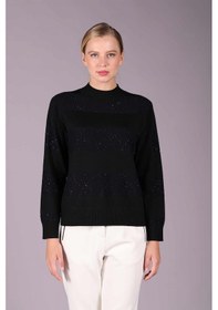 Resim Sempre Kadın Yarım Balıkçı Yaka Çizgi Desenli Simli Triko Yün Kazak 2528 Siyah Siyah 