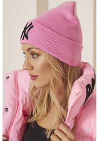 Resim Eke Tekstil Pembe Unısex Ny Nakış Detaylı Yumuşak Dokulu Triko Bere Pembe 