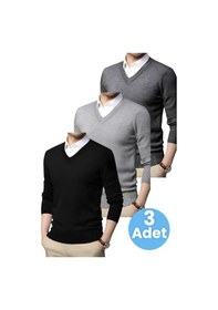 Resim Tezzgelsin 3'lü Erkek V Yaka Uzun Kol Triko Tüylenmez Süveter Erkek Slim Fit Süveter Siyah - Gri - Füme 