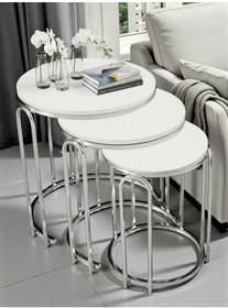 Resim 3' Lü Beyaz Ahşap Nikel Gümüş Ayak Lenka Metal Sehpa Beyaz 