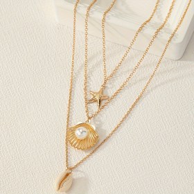 Resim Kabuk ve Denizyıldızı Kolye Uçlu Üçlü Set, Trendy Yeni Scallop Yaz Okyanus Serisi 