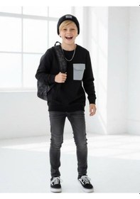 Resim Zekids Erkek Çocuk Cep Detaylı Pamuklu İnce Sweatshirt-16650 Siyah 