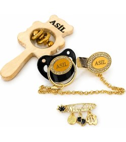 Resim Shopfocus Kişiye Özel Isimli-0-18 Ay Emzik-Emzik Zinciri-Maşallah Bebek Yaka Iğnesi METAL-%100 Doğal Organik Ahşap Bebek Çıngırak-Hediyellik-Yeni Doğan-Çocuk 