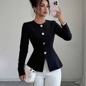 Resim Şık Dar Kesim Siyah Ceket - Altın Düğme Detaylı, Yaka ve Yapılandırılmış Bel Vurgusu, Tüm Mevsimler İçin Çok Yönlü Blazer, Gündelik ve Resmi Kullanım İçin, Makinede Yıkanabilir (Topaklanma Yok) 