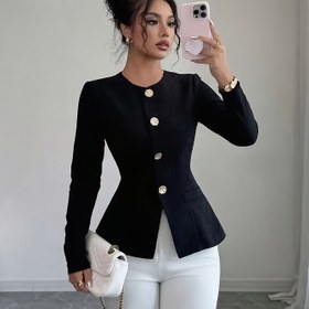 Resim Şık Dar Kesim Siyah Ceket - Altın Düğme Detaylı, Yaka ve Yapılandırılmış Bel Vurgusu, Tüm Mevsimler İçin Çok Yönlü Blazer, Gündelik ve Resmi Kullanım İçin, Makinede Yıkanabilir (Topaklanma Yok) 