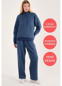 Resim Q-1001 Q-4008 Kapüşonlu Sweat Bel Lastikli Pantolon Üç İplik Şardonlu Takım İndigo 