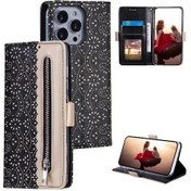 Resim Cbtx iPhone 15 Pro Max Uyumlu Dantel Desenli Çift Düğme Fermuarlı Deri Telefon Kılıfı 