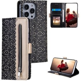 Resim Cbtx iPhone 15 Pro Max Uyumlu Dantel Desenli Çift Düğme Fermuarlı Deri Telefon Kılıfı 