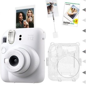 Resim Fujifilm Instax Mini 12 Fotoğraf Makinesi + 20'Li Film + Kıskaçlı Resim Standı + Simli Pleksi Kılıf Seti 