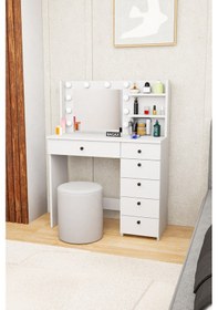 Resim Led Spotlu, Aydınlatmalı Aynalı Dolaplı Makyaj Masası, Çok Çekmeceli & Raflı, Depolama Alanlı Beyaz 