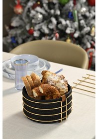 Resim Altın Yuvarlak Ekmek Sepeti Şık,ekmeklik Siyah Hasır Örmeli Makrome-çok Amaçlı Metal Paslanmaz Altın 