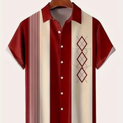 Resim Erkek Vintage Geometrik Desenli Rahat Gömlek Göğüs Cebi ile, Polyester %100 Kısa Kollu, Yazlık Yaka Yaka, Tek Göğüslü, Dokuma Kumaş, Normal Kalıp - Hafta Sonu ve Tatil İçin İdeal 