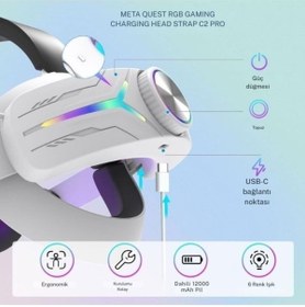 Resim cosmostech C2 Pro Meta Quest 3 ve 3s Sanal Gerçeklik Gözlüğü Uyumlu Rgb Şarjlı Head strap başlık 