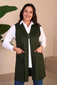 Resim Kadin Buyuk Beden Tesettur Yelek Düğmeli ve Cepli Esnek Yelek - siyah / 2XL 