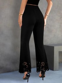 Resim Kadın Yüksek Bel Paçaya Doğru Genişleyen Lazer çiçek Kesim Detaylı Ithal Krep Pantolon - Lacivert / L-XL 