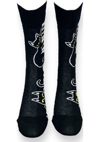 Resim Me-vo Tekli Siyah Renkli Bay/bayan Unisex Esnek Nem Alabilen Pamuklu Kedi Desenli Soket Çorap 