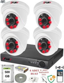 Resim XFury 4 Kameralı 5mp 3.6mm Lens 2mp Görüntü 6 Atom Led Gece Görüşlü FullHd Güvenlik Kamerası 1412A 500 GB 