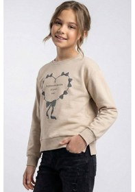 Resim Breeze Kız Çocuk Sweatshirt Simli Kurdeleli Kalp Baskılı 9-14 Yaş, Bej Bej 