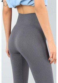 Resim Fitilli Seamless Çizgili Tayt Yüksek Bel Dayanıklı Örme Kumaş Spor Tayt Toparlayıcı Gri 